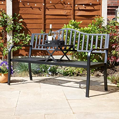 Home Source Valletta Garden Loveseat – Black Metal, Arched Back & Pop-Up Centre Table | 150W x 60D x 85H cm | Outdoor Patio Bench