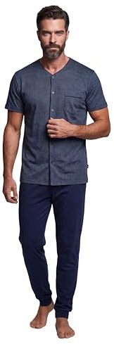 SNELLY Pigiama Uomo Estivo Primaverile 100% Cotone, Pigiami 2 Pezzi Maglia Maniche Corte e Pantalone Lungo, Pigiama Aperto con Bottoni, Grigio e Blu Navy, P777 Taglia M L XL XXL (Taglie Forti)