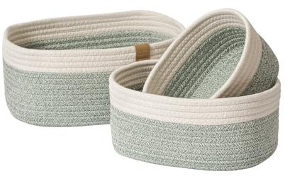 LA JOLIE MUSE Seil Aufbewahrungskörbe für die Organisation, kleiner Baumwoll-Flechtkorb für Bad, Regal, Kinderzimmer, dekorative Aufbewahrungskörbe 3er-Set, Efeugrün & Weiß
