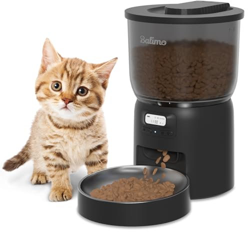 Balimo Futterautomat Katze 3L, Katzenfutter Automat mit Programmierbarer Timer, Futterautomaten für Katzen und Hunde,1 bis 6 Mahlzeiten pro Tag, mit Edelstahlschüssel, Schwarz