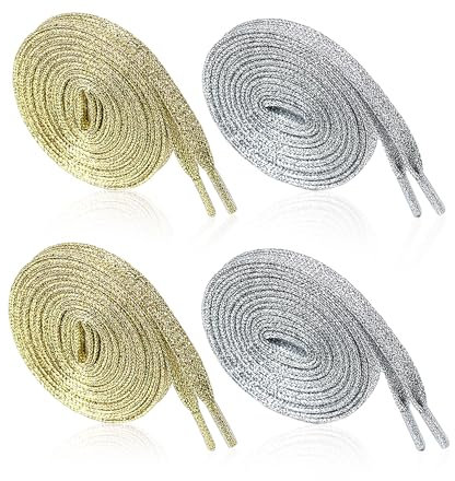 COACOM Lot de 4 paires de lacets scintillants, dorés et argentés, lacets plats en polyester, adaptés aux baskets, chaussures de toile, chaussures de sport, pantalons, 110 cm + 130 cm, Or et argent.,