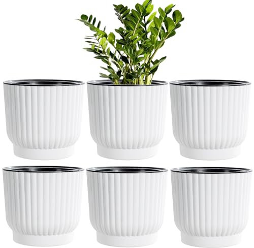 MissFox Blumentopf 15cm Selbstbewässerungstopf 6er-Set, Kunststoff Blumentöpfe, Rund Pflanzentopf mit Bewässerungssystem, Blumenübertopf Groß, Übertöpfe für Zimmerpflanzen, Kräutertopf Küche, Weiß