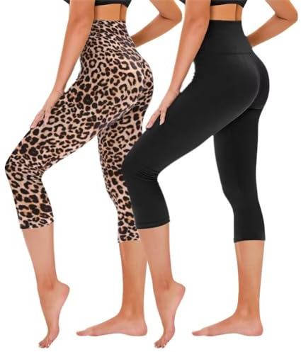 TNNZEET 3/4 Leggins Mallas Mujer,Pantalones Capri a Alta Elásticos Fitness Correr,Yoga(Negro/Leopardo,S-M)