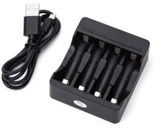Cargador de Pilas Recargables 4 (AA/AAA), Color Negro, con indicador LED, Compatible con Diversos Dispositivos eléctricos. Ideal para Uso doméstico.
