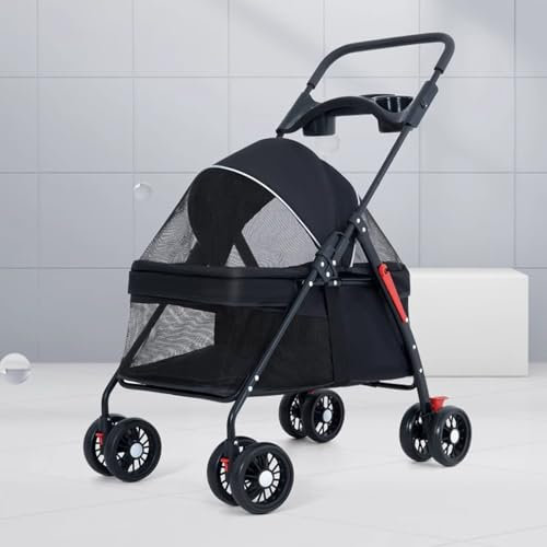 Hundebuggy für Kleine Und Mittelgroße Hunde, Zusammenklappbarer Hundewagen, Leicht, Atmungsaktiv, für Bis zu 15 Kg(Black)
