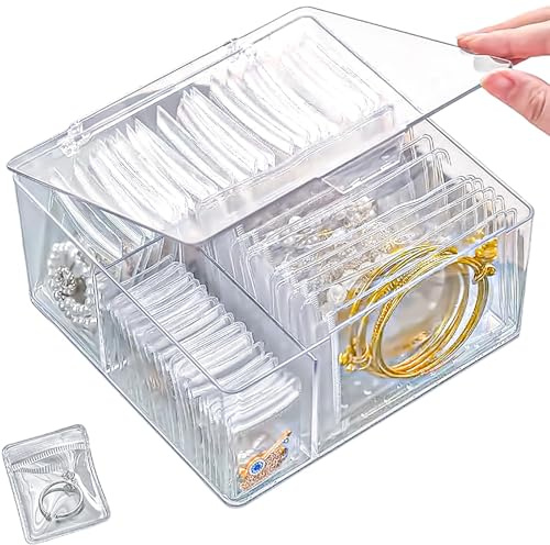 4 In 1 Acrylic Jewelry Organizers and Storage with 60 Portable Anti Tarnish Jewelry Bags, Clear Jewelry Box Organizer, Travel Jewelry Case for Earrings/Rings/Necklaces for Women Girls