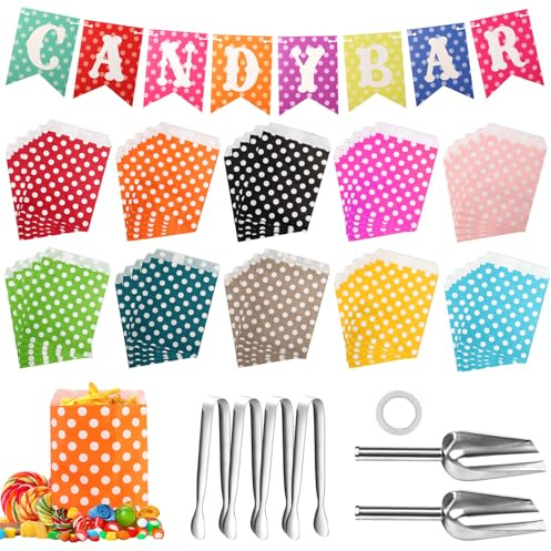110 accessori per candy bar, contiene 100 sacchetti per caramelle e 4 pinze per zucchero con punta rotonda, 2 pala per candybar e 3 fogli adesivi e 1 ghirlanda decorativa blu, adatta per feste