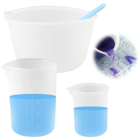 3 Pezzi Misurini In Silicone 600 Ml /250 Ml /100 Ml, Bicchieri Dosatori In Silicone con Asta di Agitazione In Silicone, Misurino Graduato Silicone Antiaderente per Cottura,Artigianato DIY (Traslucido)
