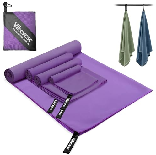 Vikcvcsc Serviette Microfibre Lot de 4 Serviette Sechage Rapide -180x80cm+2pcs 80x40cm+40x30cm Serviette Sport Musculation pour Le Sport Camping,Serviette de Plage pour Voyage,Piscine(Violet)