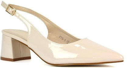 Womens Court Shoes Ladies Block Low Heel Point Toe Slingback Evening Beige Patent Classic Pumps Shoes Size 5