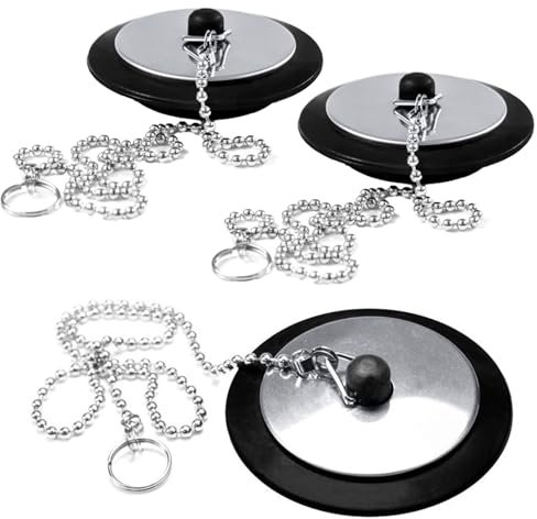 3pièces Bouchon Baignoire Universel,Bouchon D'évier,Fiche de Lavabo en Caoutchouc,Bouchons de Baignoire avec Chaîne de 40cm,Bouchons d'Evier Cuisine,pour Salles de Bains,Cuisines