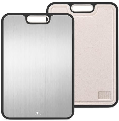 FOLAI Planche à découper en titane - 1 pièce - Planche à découper double face avec rainures de jus et poignées antidérapantes - Planche à découper professionnelle - Passe au lave-vaisselle