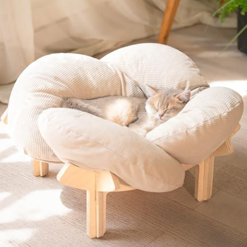 CheerPals Elevated Flower Cat Bed, 55cm L&W Large Cat Sofa, Stylish Cats Chair with Highly Elastic Soft Cushion, Furniture for Sleeping for All Cats (White)