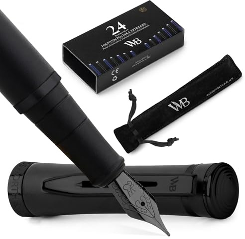 Wordsworth & Black Set di penne stilografiche, pennino medio dorato 18 carati, include 24 cartucce d'inchiostro, un Convertitore di ricarica e custodia regalo, Calligrafia, [Tutto Nero]