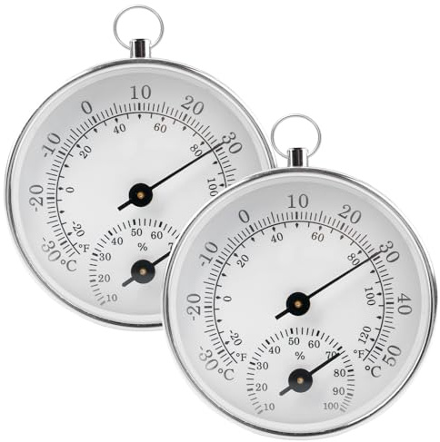 Termómetro analógico para interior y exterior, 2 unidades, higrómetro para casas, 10 cm, alta precisión de medición, higrómetro de invernadero con anillo para colgar para casas, jardines, coches