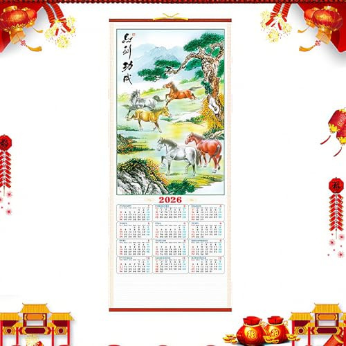Calendarios Chinos 2026 Año del Caballo Calendario de Año Nuevo Chino Calendario de Pergamino de Pared Planificador Diario Programador Calendario Colgante de Año Nuevo Chino (F)