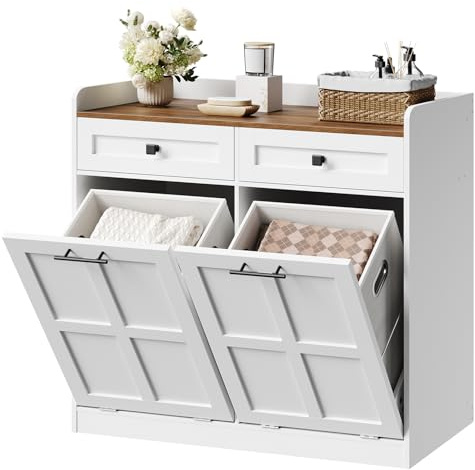HOOBRO Double Laundry Hamper Cabinet, 25 Gallon Farmhouse Laundry Cabinets and Storage Drawers, Wooden Hidden Laundry Laundry with 2 Baskets for Bathroom, Kitchen, White and Walnut WH42XY01