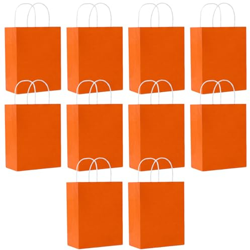 SHUBEIEUMI Paquete de 10 Bolsas de Regalo, Bolsas de Papel Kraft con Asas, 21 x 15 x 8 cm, Reutilizables Bolsas de Regalo para Embalaje Fiestas de Cumpleaños Bodas-Naranja