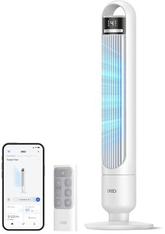 Dreo ventilador de torre inteligente para dormitorio, ventilador de pie silencioso 28 dB, alcance hasta 8,8 m, 4 velocidades y 3 modos, temporizador 8 h, control por app, oscilación 90°, blanco WiFi