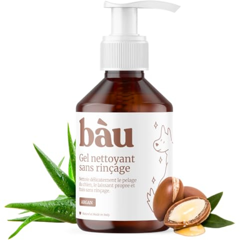 Bau Shampoo Secco per Cani, Gel Detergente Senza Risciacquo, Igienizzante e Idratante, Gel Detergente per Cani Senza Parabeni e Siliconi, Naturale e Bio con Aloe Vera - Argan, 250 ml