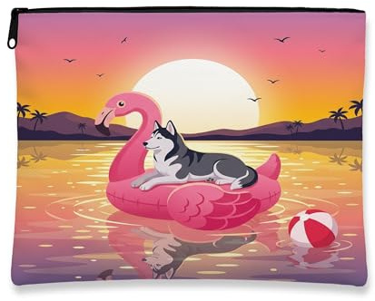 Funny Husky Dog Makeup Bag, Flamingos Lifebuoys Sea Printed Cosmetic Travel Pouch for Women, Pet Portable Small Canvas Zipper Organizer 7x9 Inch