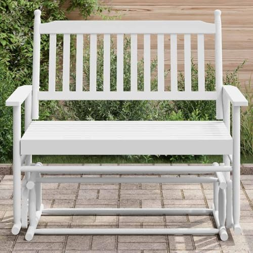 Runheo Banc à bascule blanc en bois massif de peuplier 118 x 70 x 104,5 cm avec larges accoudoirs, design ergonomique et dossier haut pour terrasse, balcon, salon, se détendre et lire