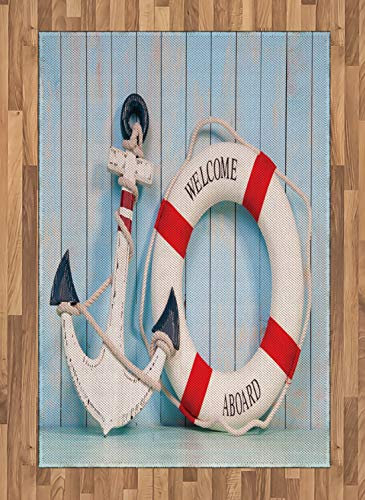 ABAKUHAUS Schäbig Teppich, Anker und Lebenboje, Flachgewebe Deko-Teppiche für das Wohn-,Schlaf-, und Essenszimmer, 120 x 180 cm, Hellblau Marineblau