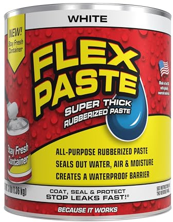 Flex Paste, Waterproof Paintable Putty, Spackle Sealant, Fill Gaps Cracks Holes - Block Out Water and Air - UV Resistant - Walls, Drywall, EPDM, Concrete, Roof, RV Repairs, White, Quart