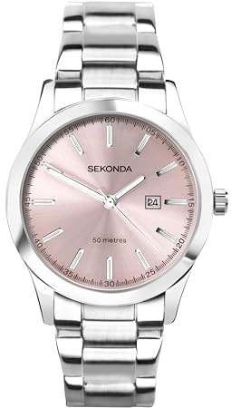 Sekonda Taylor Damen-Quarzuhr mit analoger Datumsanzeige, 34 mm, silberfarbenes Edelstahlarmband, rose, Armband