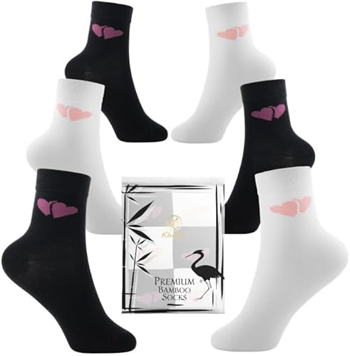Klenton Calzini in Bambù per Bambina, Traspiranti Calze per Bambina con Motivo a Cuori Carino, Cuciture Piatte, Confezione Ecologica, Confezione da 6, Taglia EU 31-36