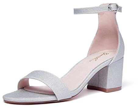 GENSHUO Argento Sandali Donna Sandali Sexy con Tacco e Cinturino alla Caviglia Scarpe con Tacco a Blocco con Punta Aperta Sandali con Tacco Medio Grosso Decolletè con Tacco Alto 42EU