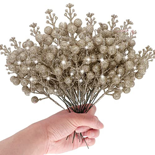 Pack of 16 Christmas Glitter Berry Stem, Artificial Berry Picks Holly Berries Branches for Christmas Tree Decoration Wreath Making Supplies DIY Crafts Holiday Season Winter Home Decor (Champagne gold)