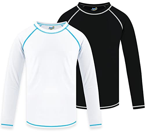 Semois 2Pack Boys Rash Guard White and Black Swim Shirt Long Sleeve for Toddler Kids 9-10Y Rashguard Water Swimwear UPF+ 50 Swimming Shirt