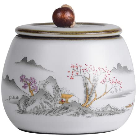 Bicuzat Chinese Style Ceramic Tea Caddy Tea Canister Tea Storage Container Tins Jar with Airtight Lid Wet-proof Tank for Tea, Coffee, Herb, Sugar, Spice, Nuts-Mountain-6 OZ