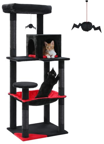 PAWZ Road 143cm Cat Tree for Indoor Cats with Metal Frame Big Hammock, Cat Tower for Indoor Cats with 2 Door Condo House, 56.3 Multi-Level Activity Center with Scratching Posts and Top Perch, Black