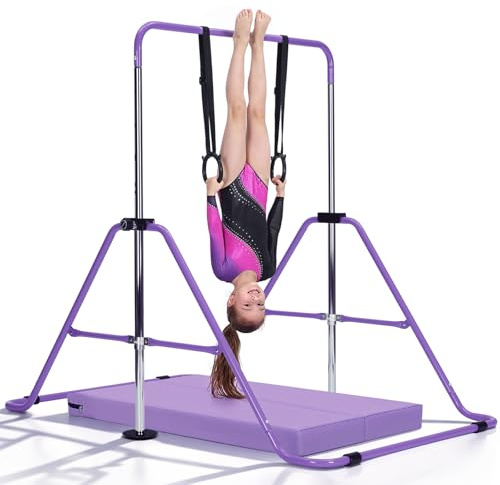 M.J COMFY-LIFE Kids Gymnastics Bar with Mat – Adjustable Easy Assembly Training Kip Bar Horizontal Bar for Home, Gymnastics Equipment for Kid 5-12 years (Purple)