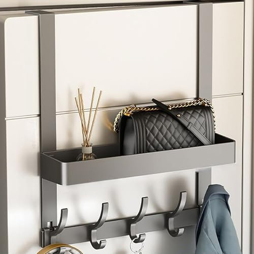 UUE Türhaken zum Einhängen, Türgarderobe aus Edelstahl, Kleiderhaken Tür mit 5 Haken und Korb, Türgarderobe zum Einhängen, Hängeregal Bad, platzsparende Türhakenleiste für gesamte Wohnung