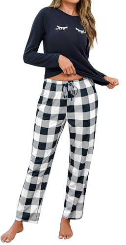 Uniexcosm Pijama de Mujer Manga Larga Algodón Conjunto de 2 Piezas Pijamas Estampado en Cuello Redondo Ropa de Dormir Gatos Top y Pantalones E:Azul Marino XL
