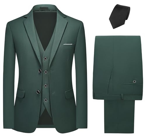 KUDMOL Costume Homme 3 Pièces Mariage Business Slim Fit Smoking à Deux Boutons de Couleur Uni à la Mode Blazer Veste et Pantalon Gilet avec Cravate(Vert armée,L)