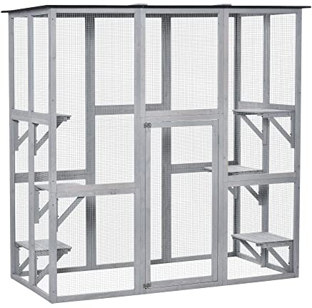 PawHut Large Outdoor Cat House, Walk-in Cat Enclosure, Wooden Catio with 6 Jumping Platforms, Waterproof Asphalt Roof