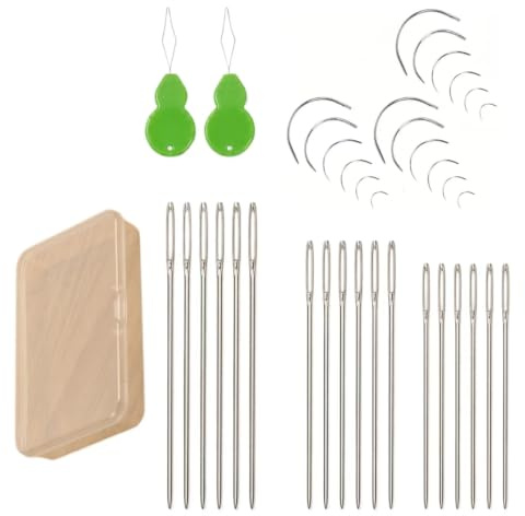 WAISHAT 38 Pcs Curved Needle Set 2-5 Inches, Sewing & Blunt-Tip Needles with Needle Threaders, Upholstery Needles for DIY, Carpet Repair, Leatherwork, Canvas & Sofas