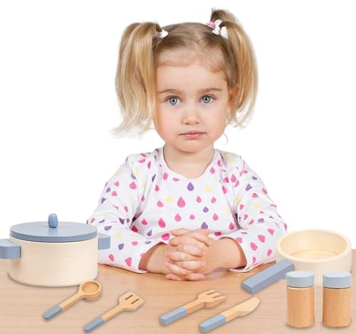 Set da cucina da gioco in legno – Giocattoli da cucina per pentole, padelle, 10 utensili, per pentole in acciaio inossidabile | Regalo di annivers