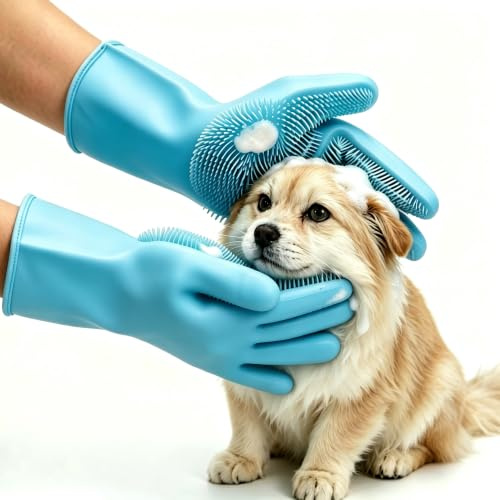 Dog Washing Gloves,Resistant Silicone Mitt Household with High-Density Teeth,Cleaning Glove for Bathing and Massaging Dogs and Cats, (Blue,1Pair)