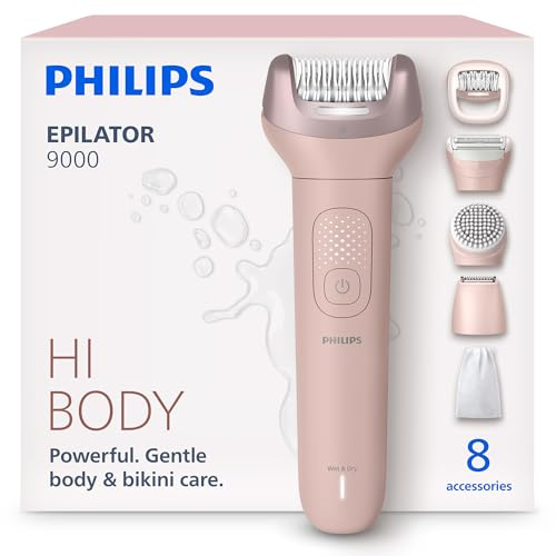 Philips Epilatore Serie 9000 - Epilatore elettrico Wet & Dry senza fili, per gambe, corpo e zona bikini, con ProGuide, 8 accessori, autonomia di 60 minuti, modello BRE719/00