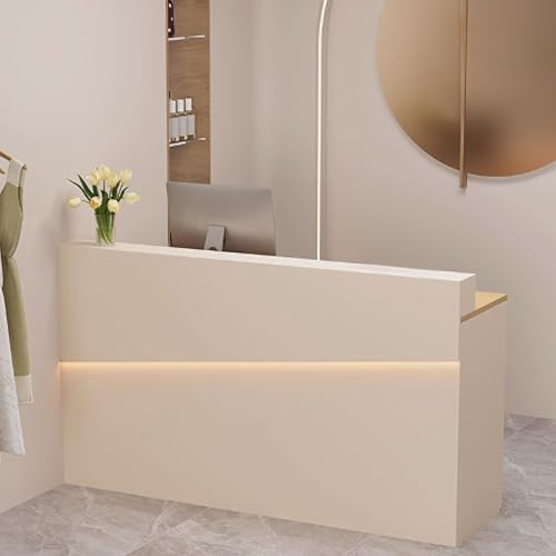 Modern reception skrivbordsstående receptionsbord med LED-ljusremsor och förvaring, främre räknare för kontor för restauranger stormarknader, (beige + naturlig, 1 m)