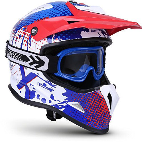 SOXON® SKC-33 Set „Fusion White Blue“ · Kinder Cross-Helm · Motorrad-Helm MX Cross-Helm MTB BMX Cross-Bike Downhill Off-Road Quad · ECE 22.05 Schnellverschluss SlimShell Tasche XXS (49-50cm)