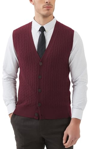 Kallspin Maglione Cardigan da Uomo con Scollo a V e Lavorazione a Cavo con Bottoni in Misto Lana（Borgogna，2XL）