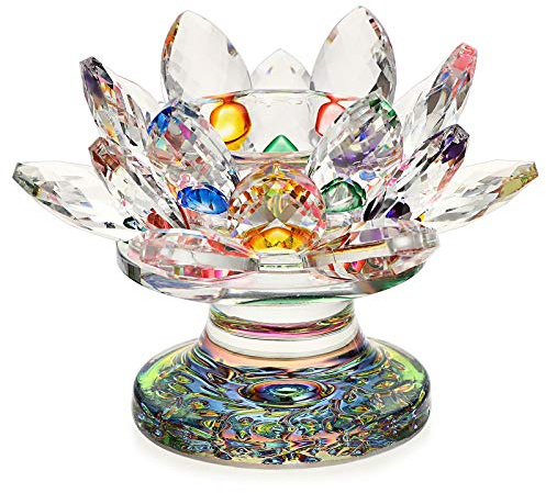 OwnMy Crystal Lotus Flower Tea light Holder Lotus Petals Candle Holder Stand Candlestick with Glass Base, Votive Flower Tealight Holder with Gift Box for Home Decor Window Sill Wedding Party, Colorful