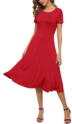 Mujeres Casual Sólida Cuello Redondo Midi Vestido Elástico Manga Corta Verano Vestido Largo(XL, Rojo)