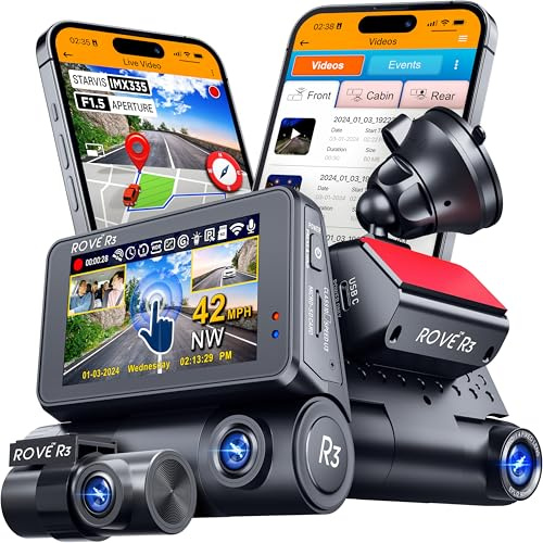 ROVE R3 Dash Cam Front and Rear with Cabin, 3” IPS Touch Screen, 3 Channel Dash Cam 1440P+1080P+1080P, IR Night Vision, 5GHz WiFi, Up to 30MB/s Download Speed, Quad-Mode GPS, Supports 512GB Max